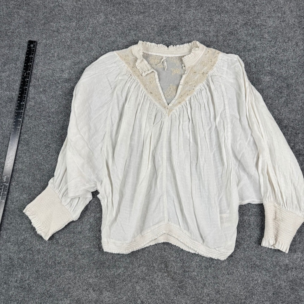 Feather Bone Blouse Womens Size L White Lace Embroidered Boho Smocked Cuff Top